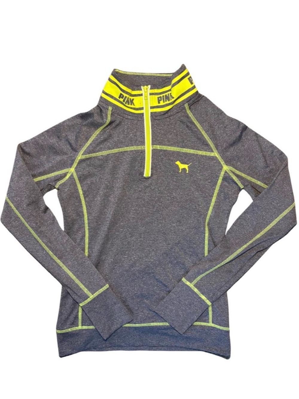 PINK Victoria's Secret Gray Heather Half-Zip Pullover with Neon Yellow Accents